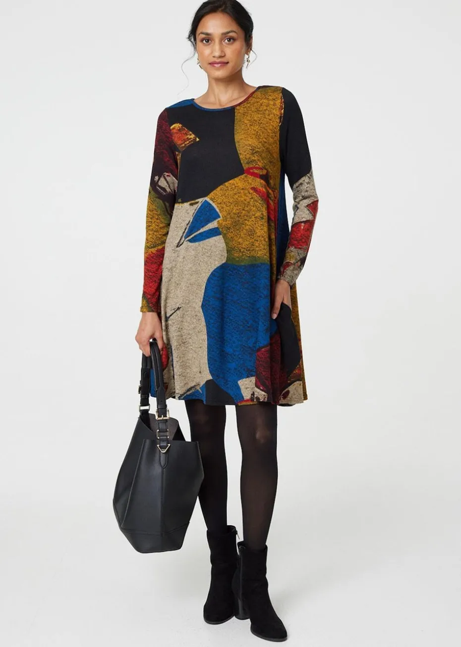 Izabel London Red Abstract Print Short Swing Dress