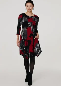 Izabel London Red Abstract Hanky Hem Midi Dress