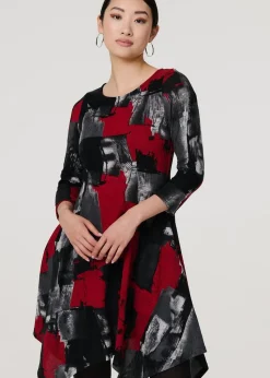 Izabel London Red Abstract Hanky Hem Midi Dress