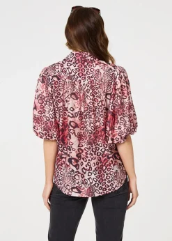 Izabel London Red Animal Print Puff Sleeve Shirt