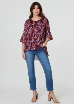 Izabel London Red Animal Print Pleated 3/4 Sleeve Blouse