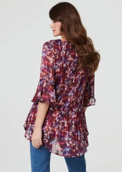 Izabel London Red Animal Print Pleated 3/4 Sleeve Blouse