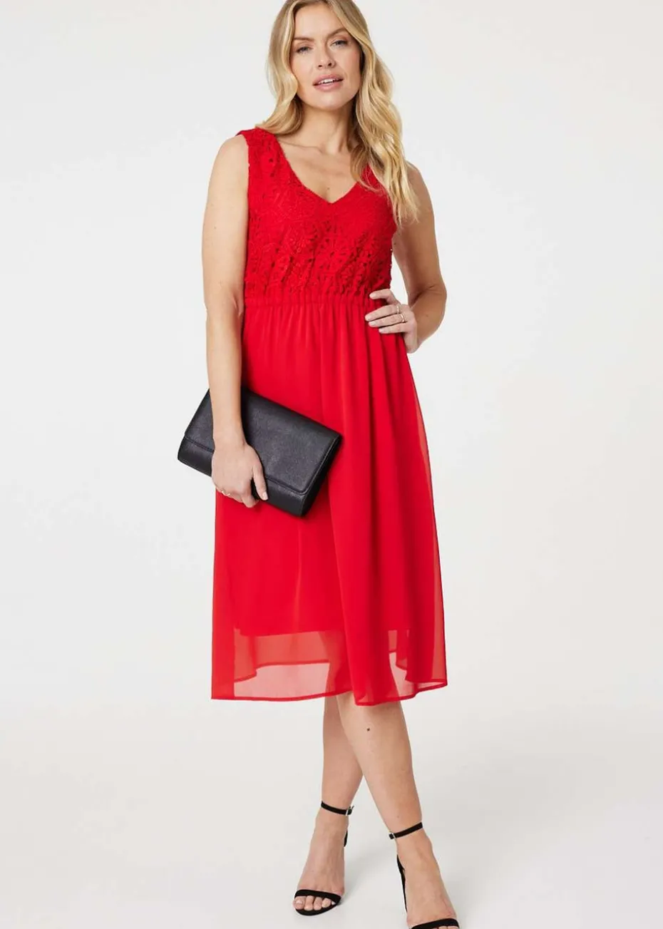 Izabel London Red Crochet Detail Sleeveless Midi Dress