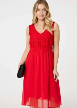 Izabel London Red Crochet Detail Sleeveless Midi Dress