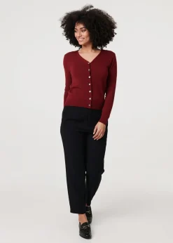 Izabel London Red Cropped Button Up Slim Knit Cardigan