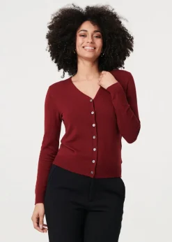 Izabel London Red Cropped Button Up Slim Knit Cardigan