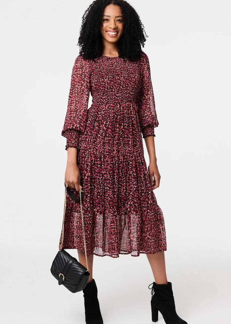 Izabel London Red Ditsy Floral Tier Puff Sleeve Midi Dress
