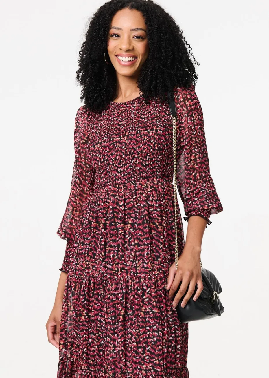 Izabel London Red Ditsy Floral Tier Puff Sleeve Midi Dress