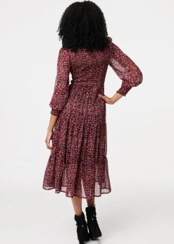 Izabel London Red Ditsy Floral Tier Puff Sleeve Midi Dress