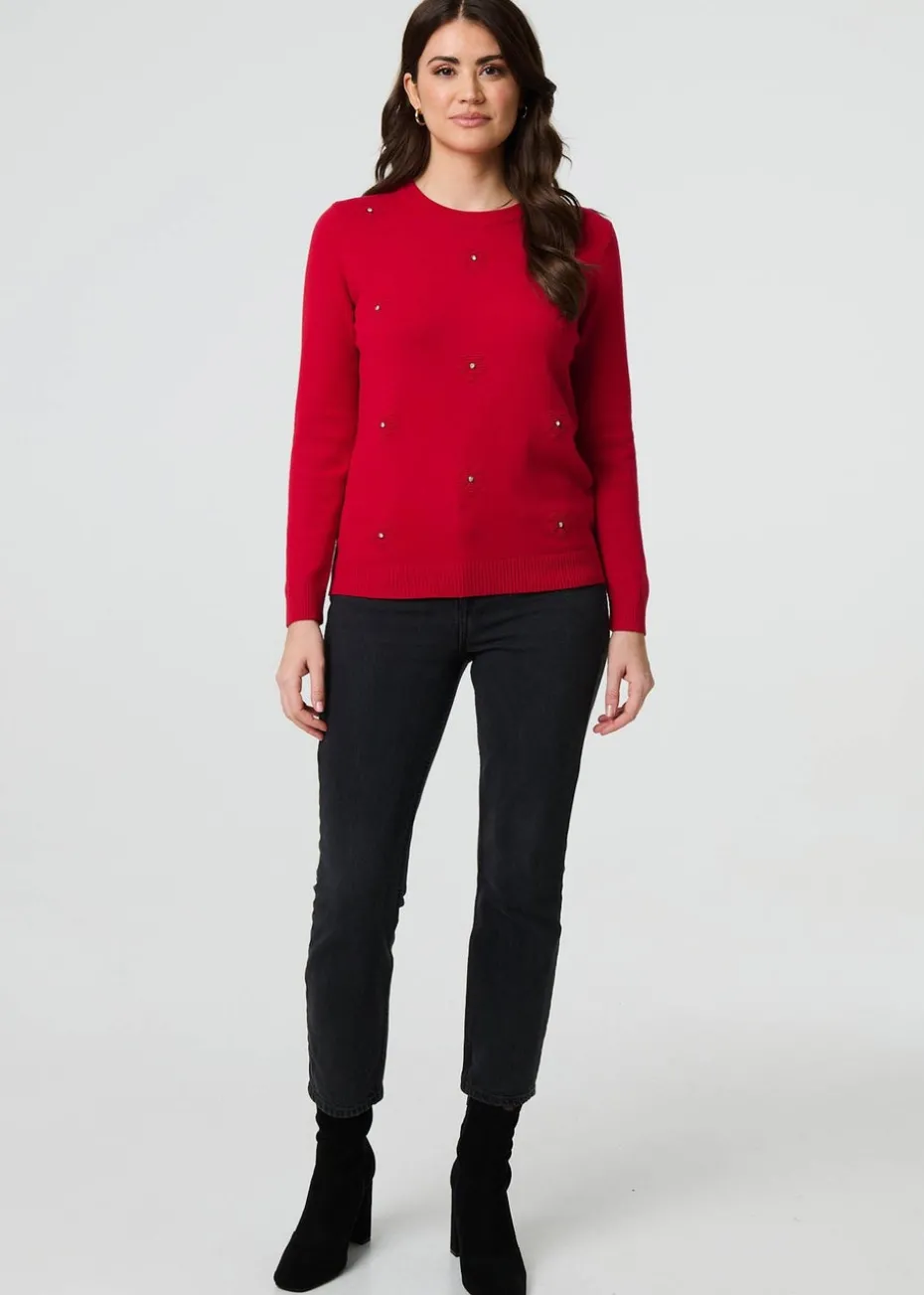 Izabel London Red Floral Gemstone Embellished Jumper