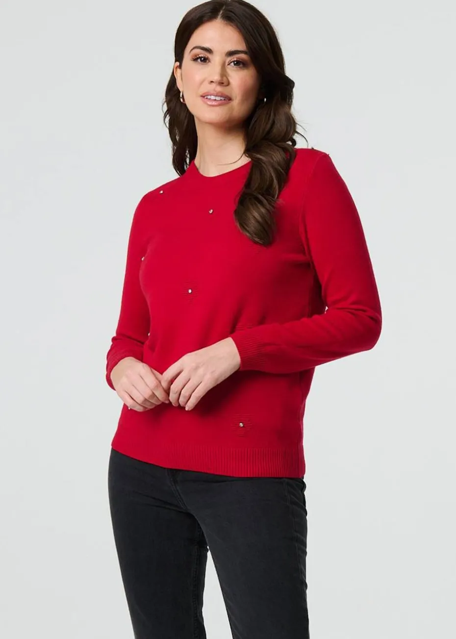 Izabel London Red Floral Gemstone Embellished Jumper