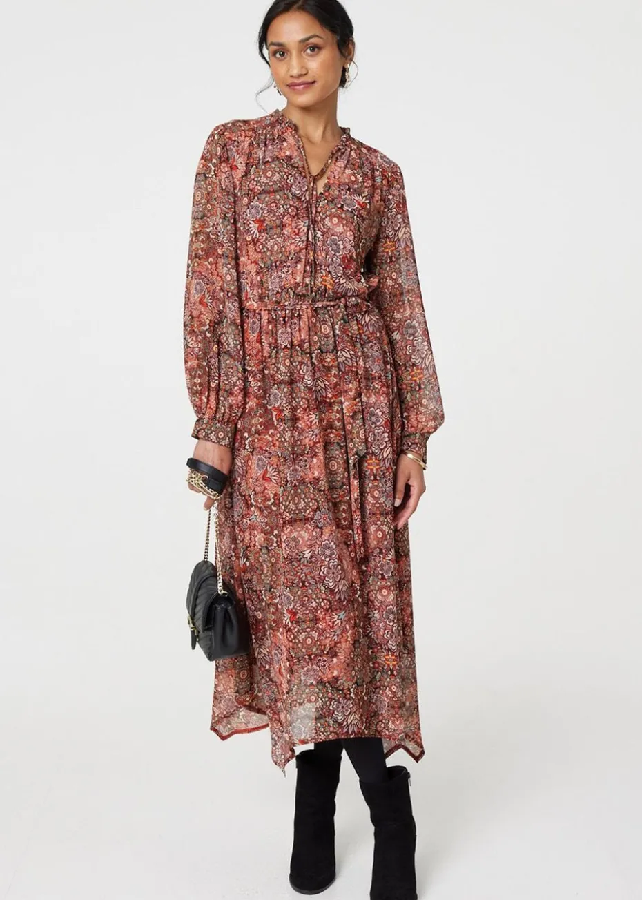 Izabel London Red Floral Paisley Semi Sheer Midi Dress
