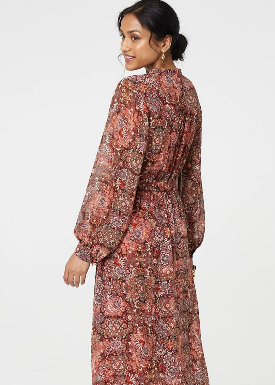 Izabel London Red Floral Paisley Semi Sheer Midi Dress