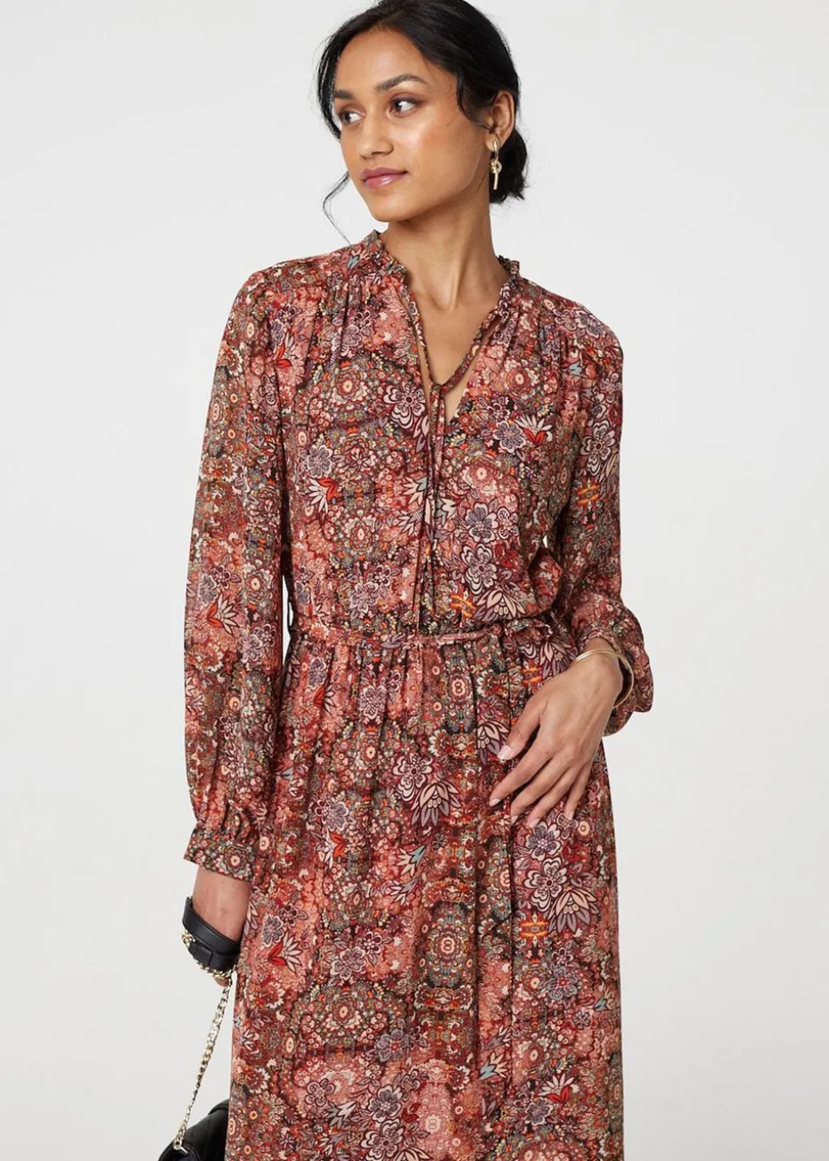 Izabel London Red Floral Paisley Semi Sheer Midi Dress