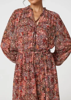 Izabel London Red Floral Paisley Semi Sheer Midi Dress