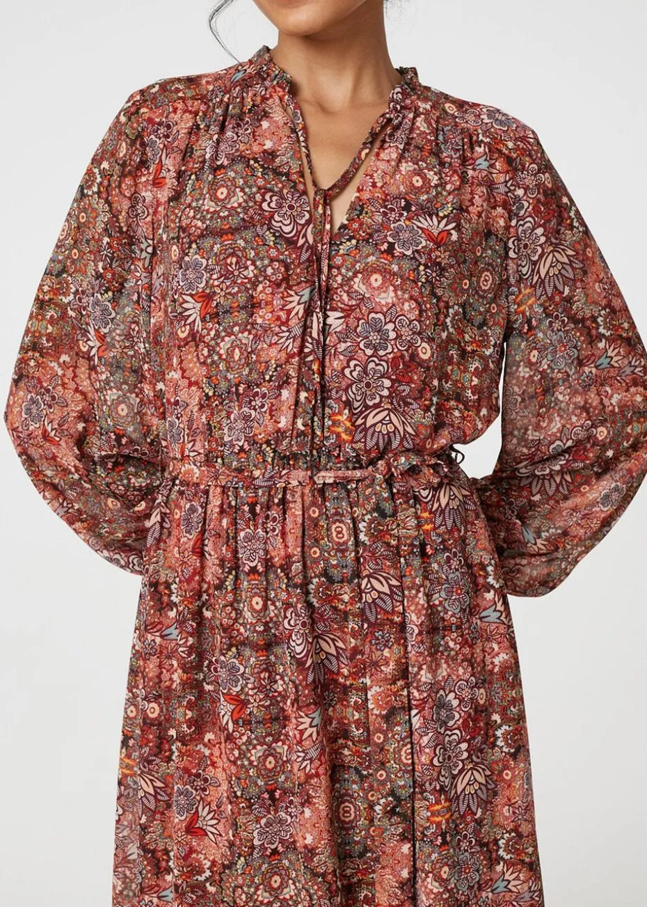 Izabel London Red Floral Paisley Semi Sheer Midi Dress