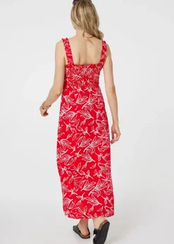 Izabel London Red Floral Square Neck Midi Sun Dress