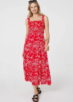 Izabel London Red Floral Square Neck Midi Sun Dress