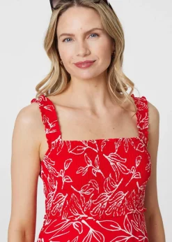 Izabel London Red Floral Square Neck Midi Sun Dress