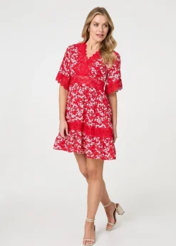 Izabel London Red Floral Lace Trim 1/2 Sleeve Mini Dress