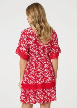 Izabel London Red Floral Lace Trim 1/2 Sleeve Mini Dress