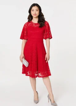 Izabel London Red Lace Overlay Knee Length Skater Dress