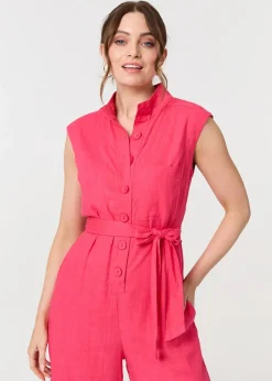 Izabel London Red Sleeveless Tie Waist Button-Up Jumpsuit