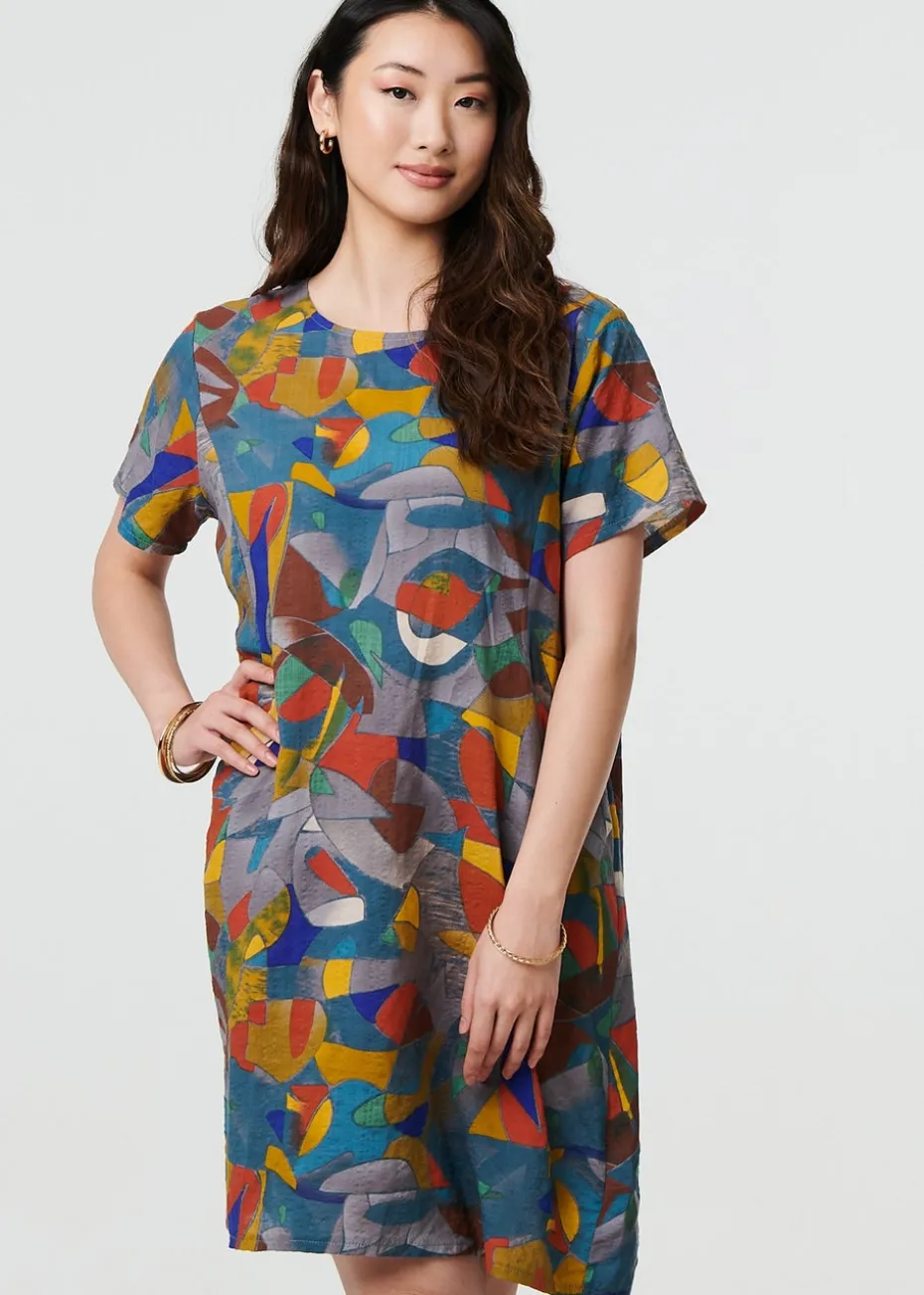 Izabel London Silver Abstract Short Sleeve Short Shift Dress
