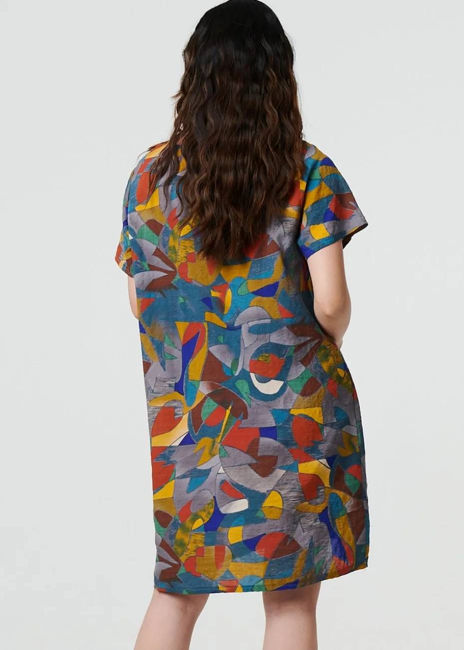 Izabel London Silver Abstract Short Sleeve Short Shift Dress