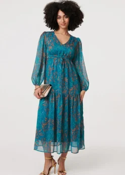 Izabel London Teal Leaf Print Sheer Tie Waist Maxi Dress