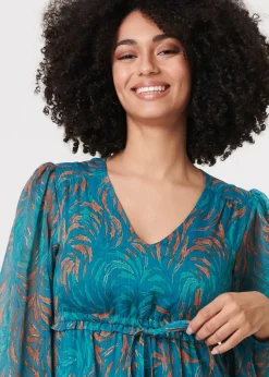 Izabel London Teal Leaf Print Sheer Tie Waist Maxi Dress