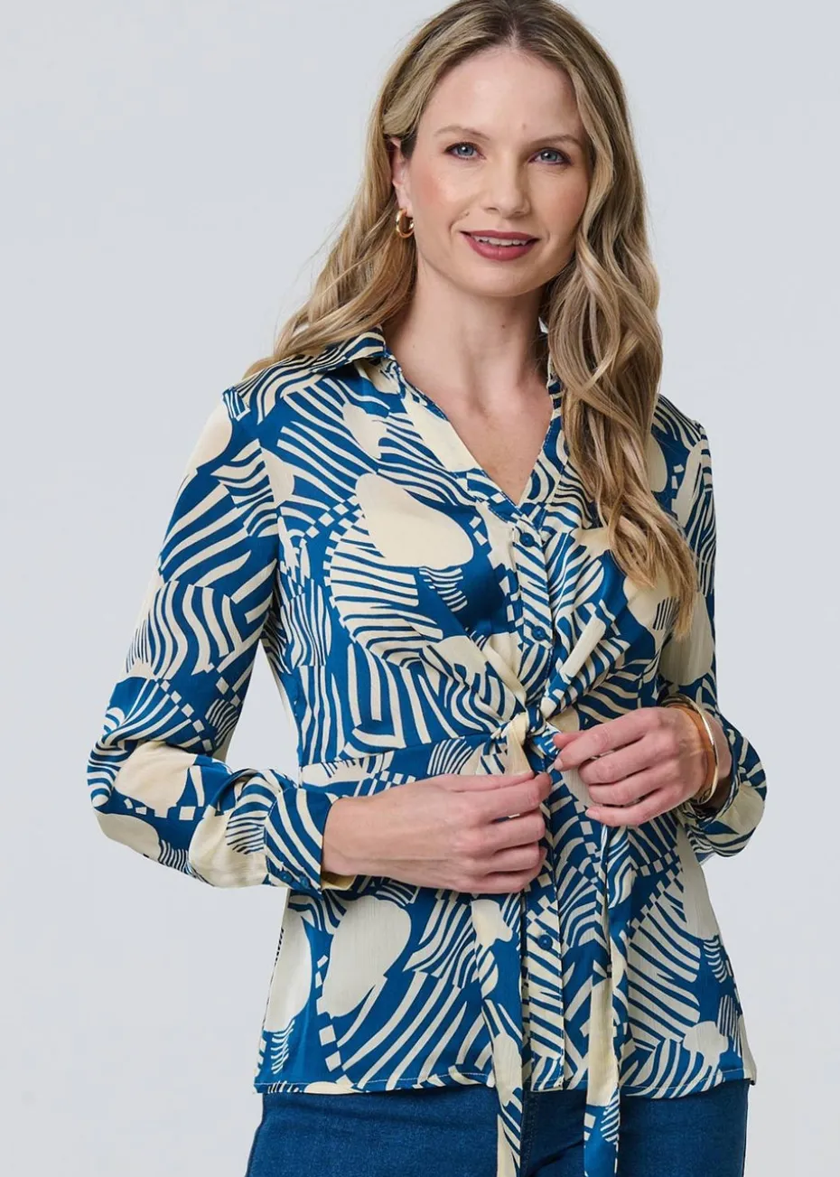 Izabel London Teal Printed Tie Front Long Sleeve Blouse