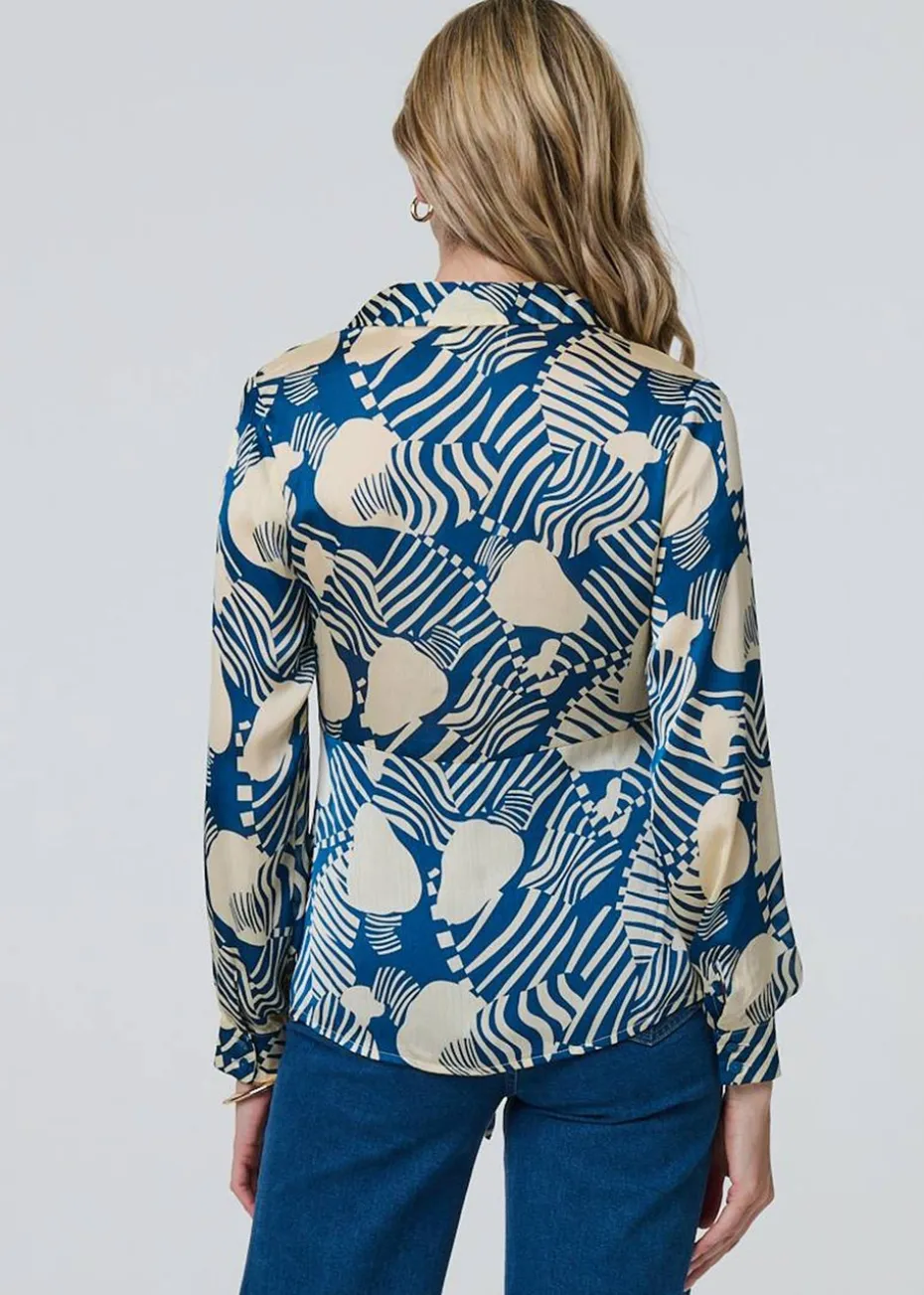 Izabel London Teal Printed Tie Front Long Sleeve Blouse