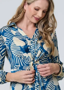 Izabel London Teal Printed Tie Front Long Sleeve Blouse