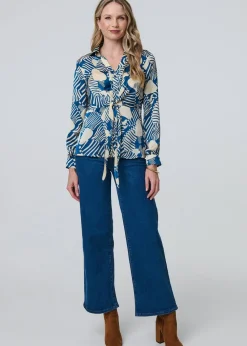 Izabel London Teal Printed Tie Front Long Sleeve Blouse