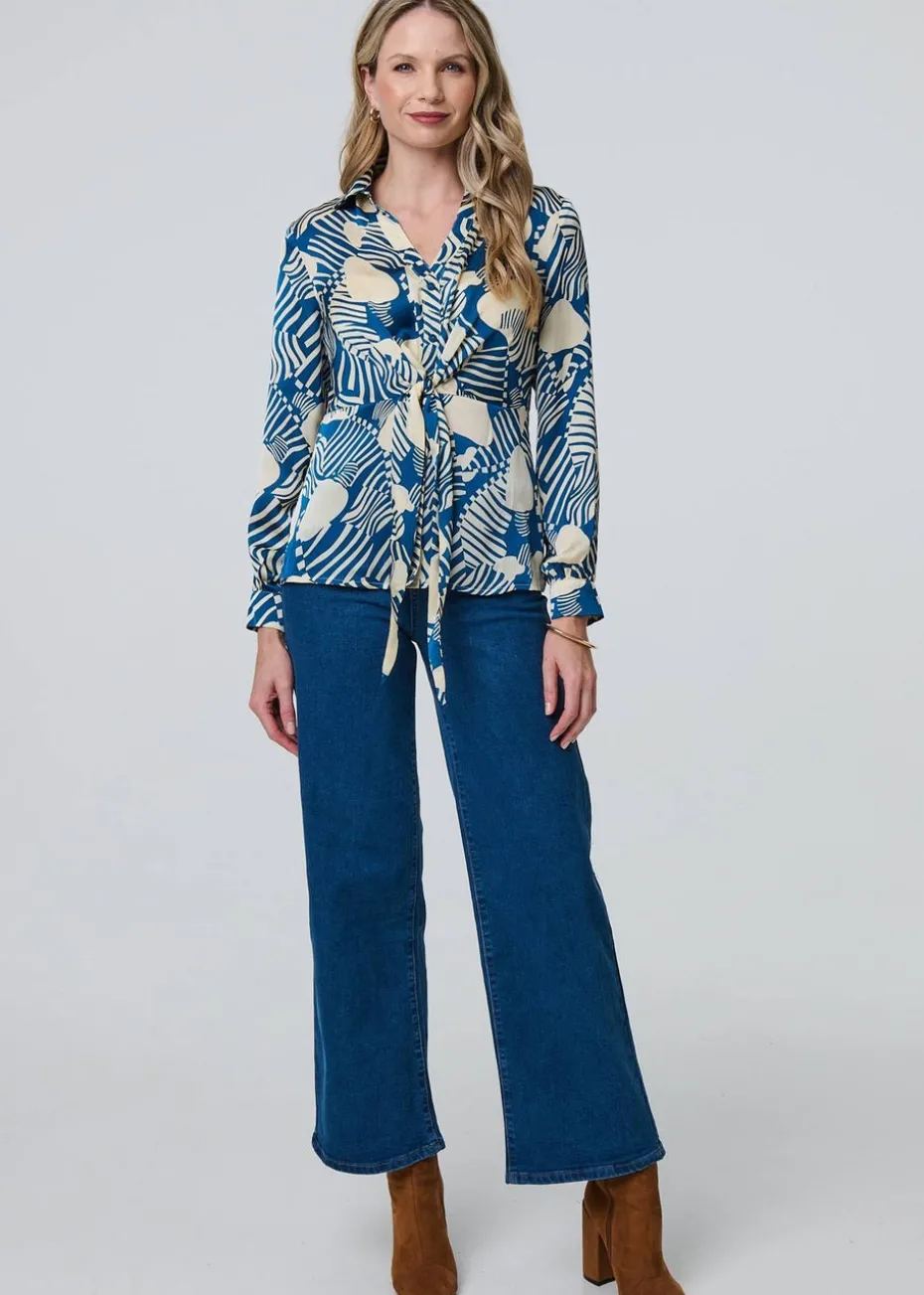 Izabel London Teal Printed Tie Front Long Sleeve Blouse