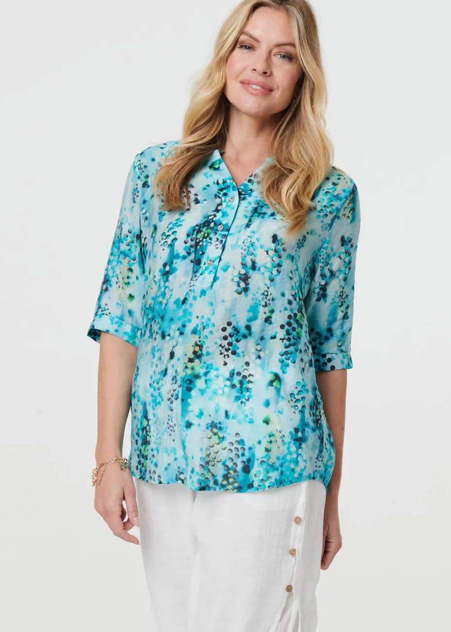 Izabel London Turquoise Printed 3/4 Sleeve Relaxed V-Neck Blouse