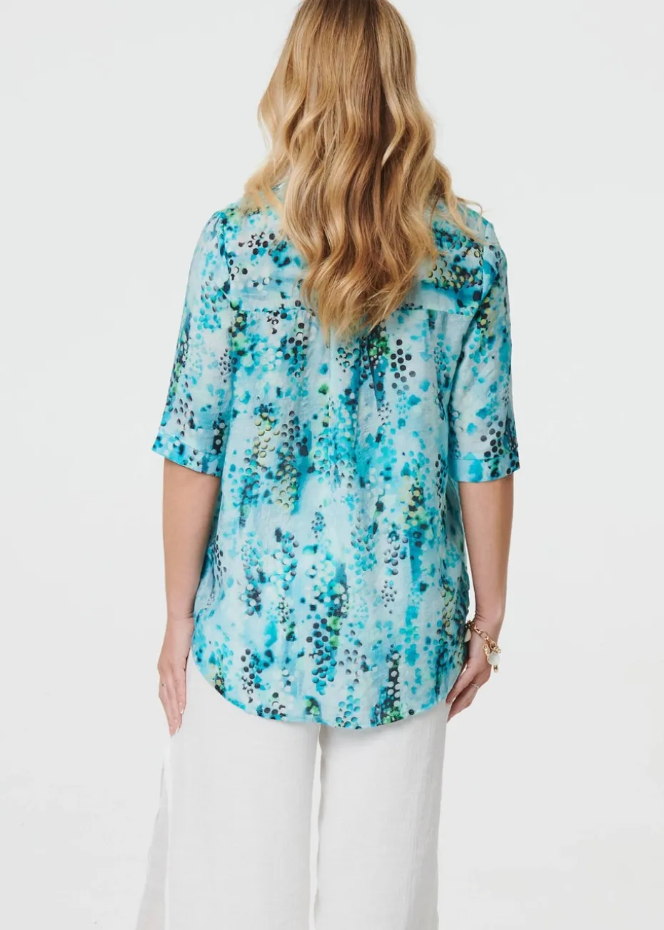 Izabel London Turquoise Printed 3/4 Sleeve Relaxed V-Neck Blouse