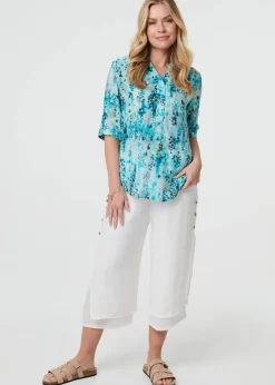 Izabel London Turquoise Printed 3/4 Sleeve Relaxed V-Neck Blouse