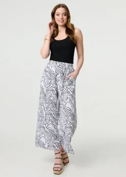 Izabel London White Abstract Print High Waist Wide Leg Trousers