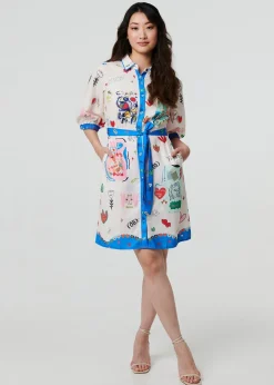 Izabel London White Abstract Tie Waist 3/4 Sleeve Shirt Midi Dress