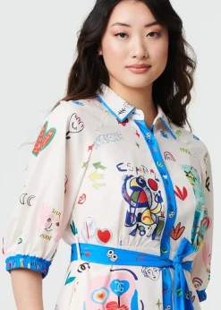 Izabel London White Abstract Tie Waist 3/4 Sleeve Shirt Midi Dress