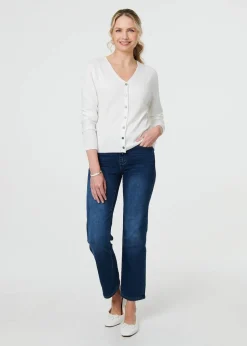 Izabel London White Cropped Button Up Slim Knit Cardigan