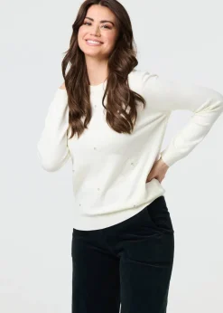 Izabel London White Floral Gemstone Embellished Jumper