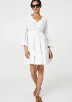 Izabel London White Floral Lace Flare Sleeve Mini Beach Dress