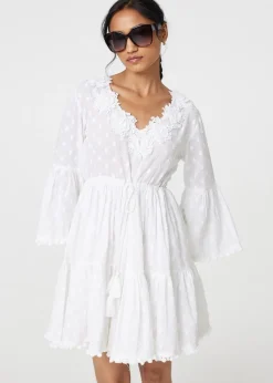 Izabel London White Floral Lace Flare Sleeve Mini Beach Dress
