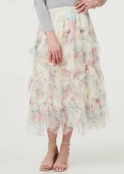 Izabel London White Floral Semi Sheer Mesh Ruffled Midi Skirt