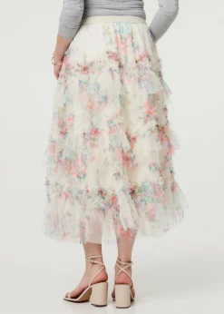 Izabel London White Floral Semi Sheer Mesh Ruffled Midi Skirt