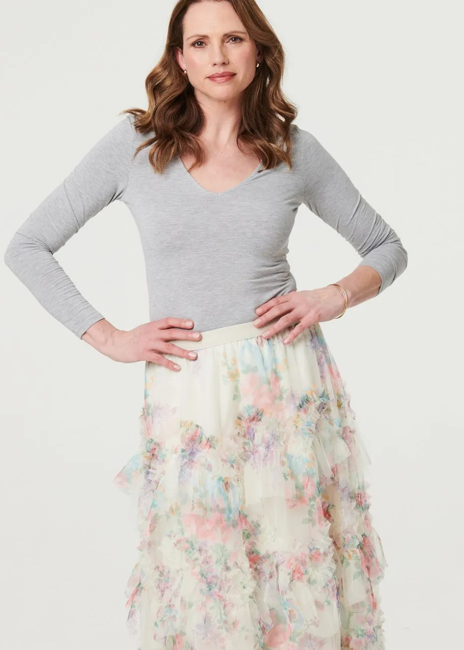 Izabel London White Floral Semi Sheer Mesh Ruffled Midi Skirt