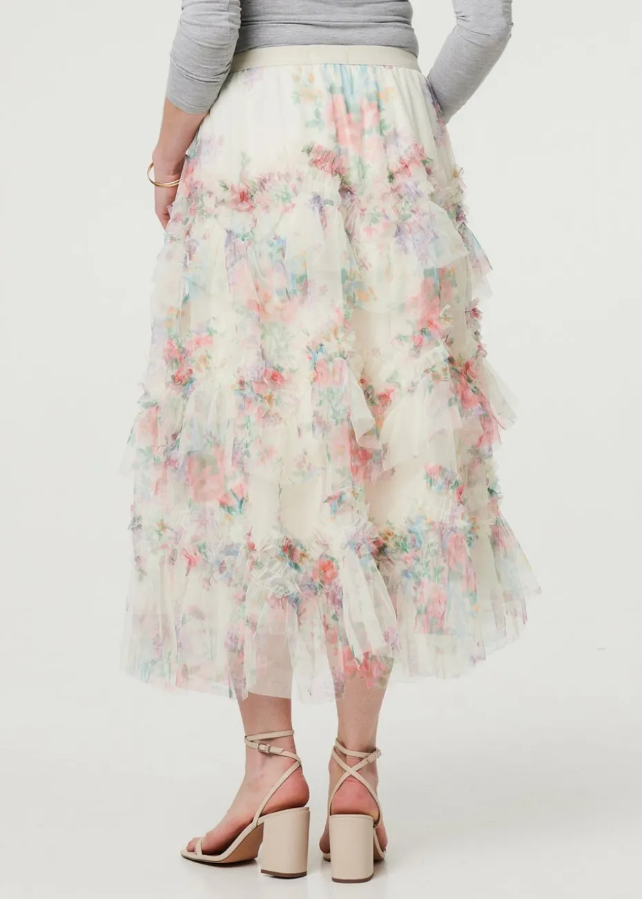 Izabel London White Floral Semi Sheer Mesh Ruffled Midi Skirt